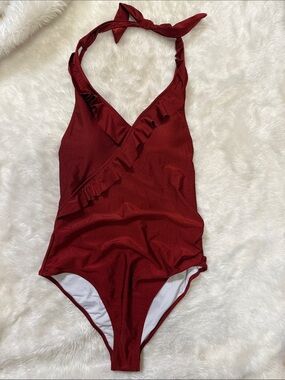 Cupshe Burgundy Ruffle Wrap Halter One Piece Swimsuit NWT Size M